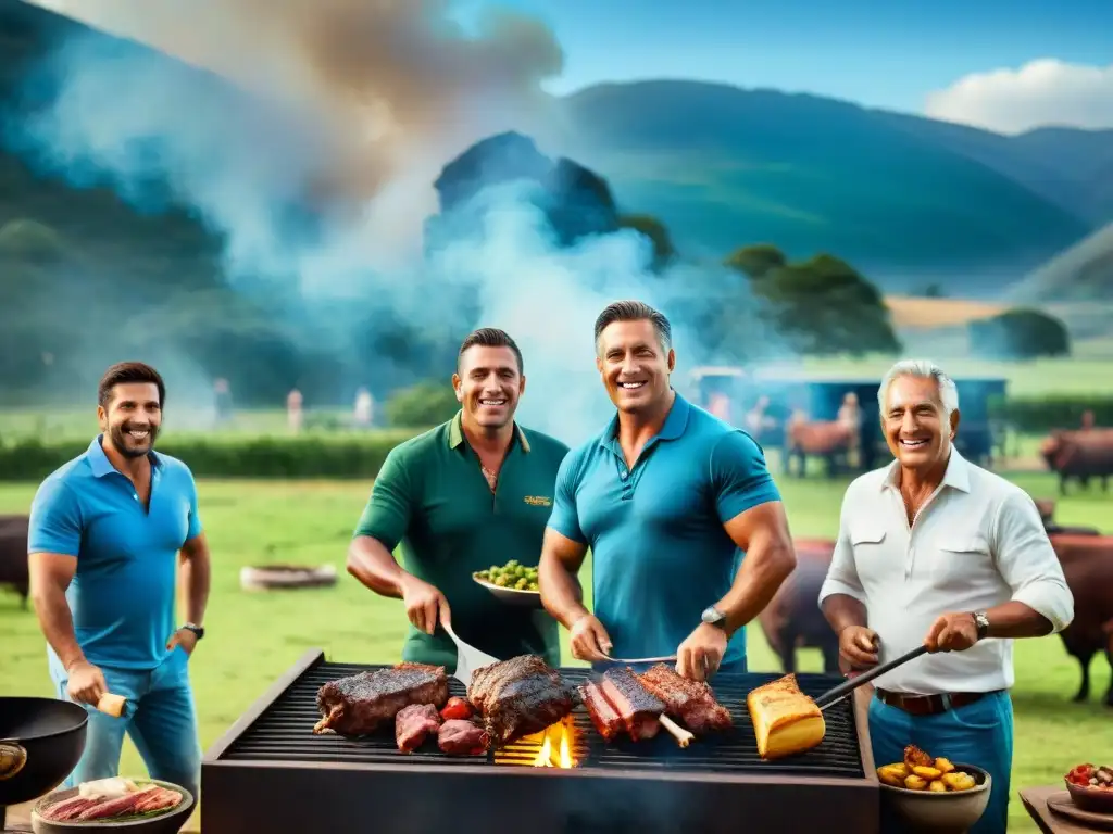 Una escena detallada y vibrante de un asado tradicional uruguayo, con amigos y familia alrededor de la parrilla