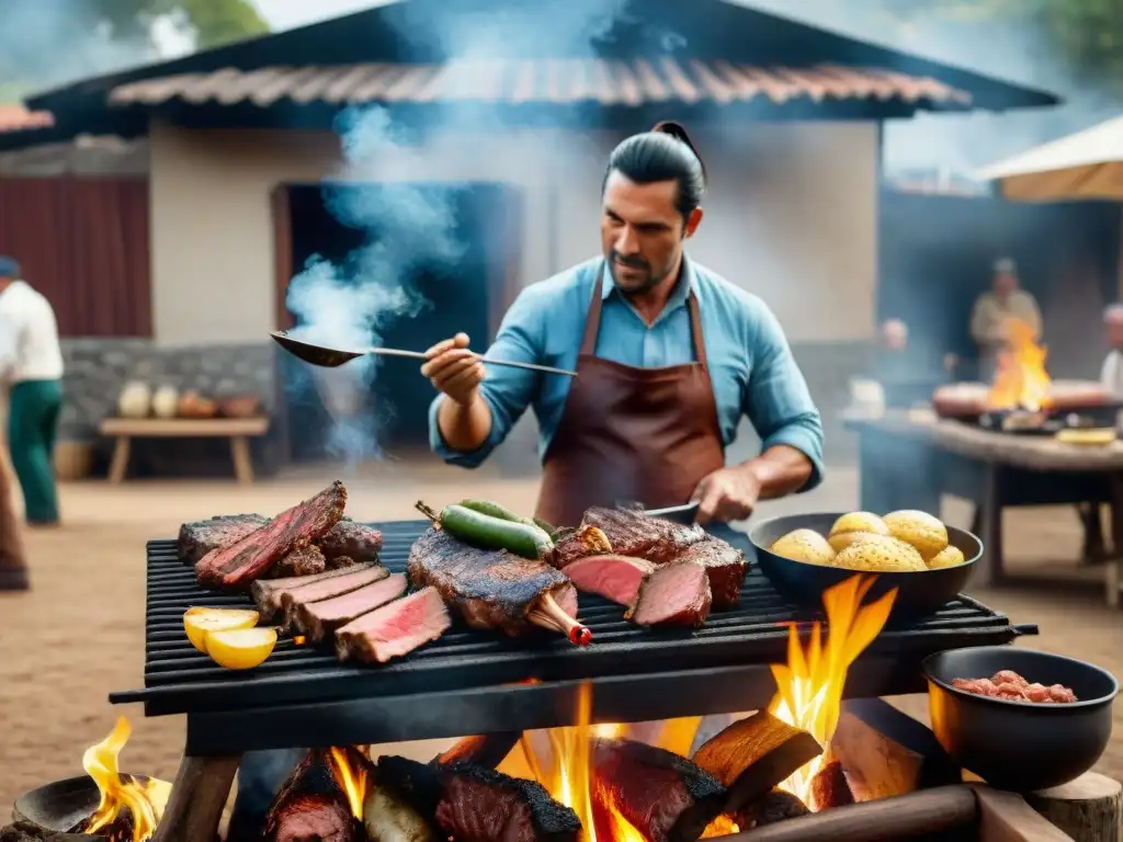 Una escena detallada y vibrante de un asado uruguayo tradicional, resaltando la importancia de la procedencia de la carne