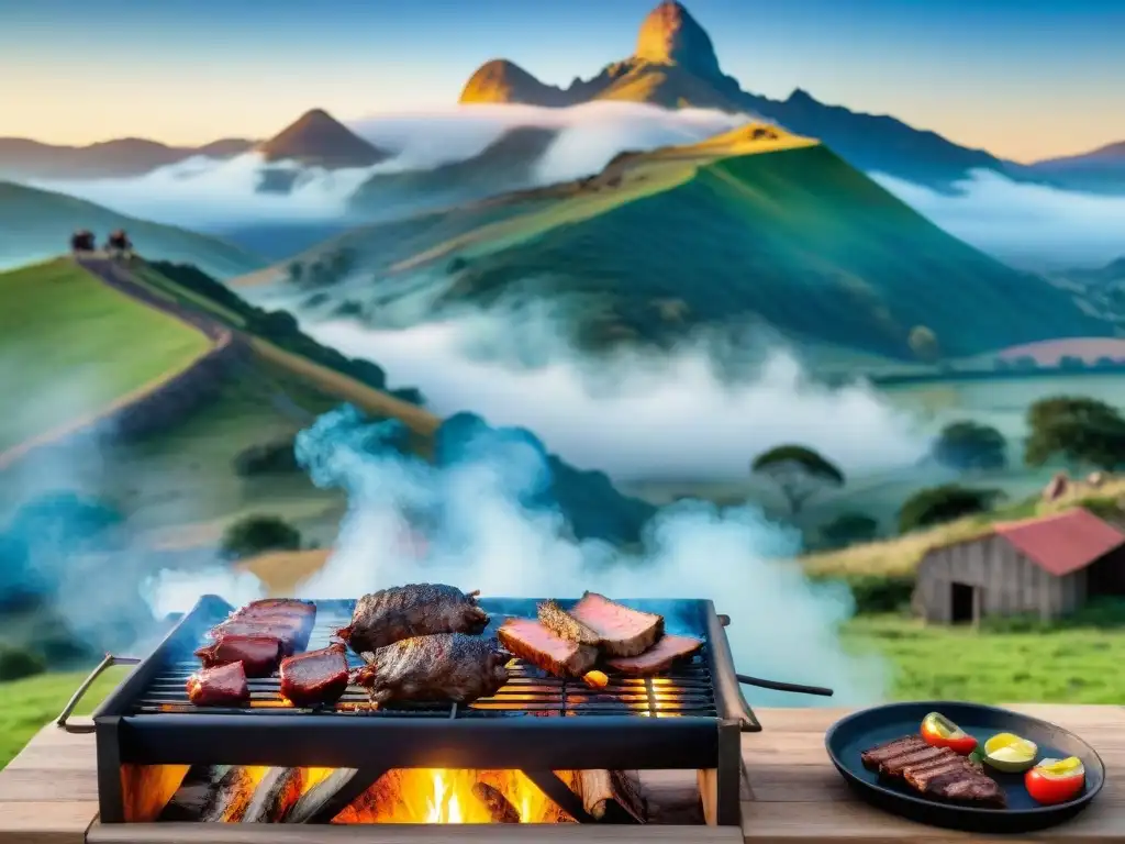 Una escena detallada y vibrante de un tradicional asado uruguayo, mostrando gauchos en un entorno campestre, evolución de la historia del asado uruguayo