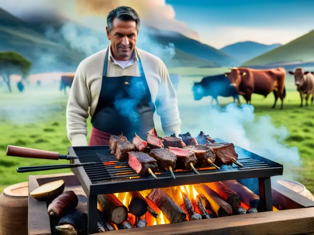 Una escena detallada y vibrante de un tradicional asado uruguayo en el campo, con gauchos y carne a la parrilla