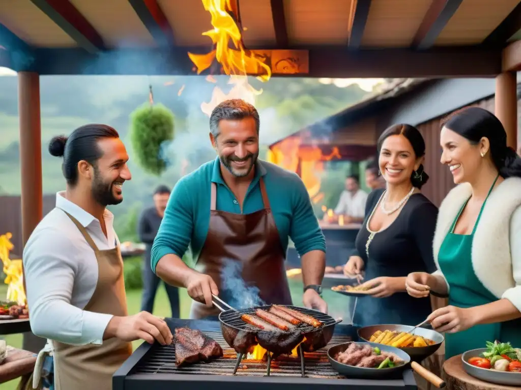 Una escena de diversidad cultural en un asado uruguayo, donde personas de diferentes orígenes disfrutan juntas