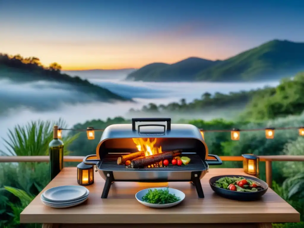 Escena ecoamigable de asado al aire libre sostenible al anochecer en armonía con la naturaleza