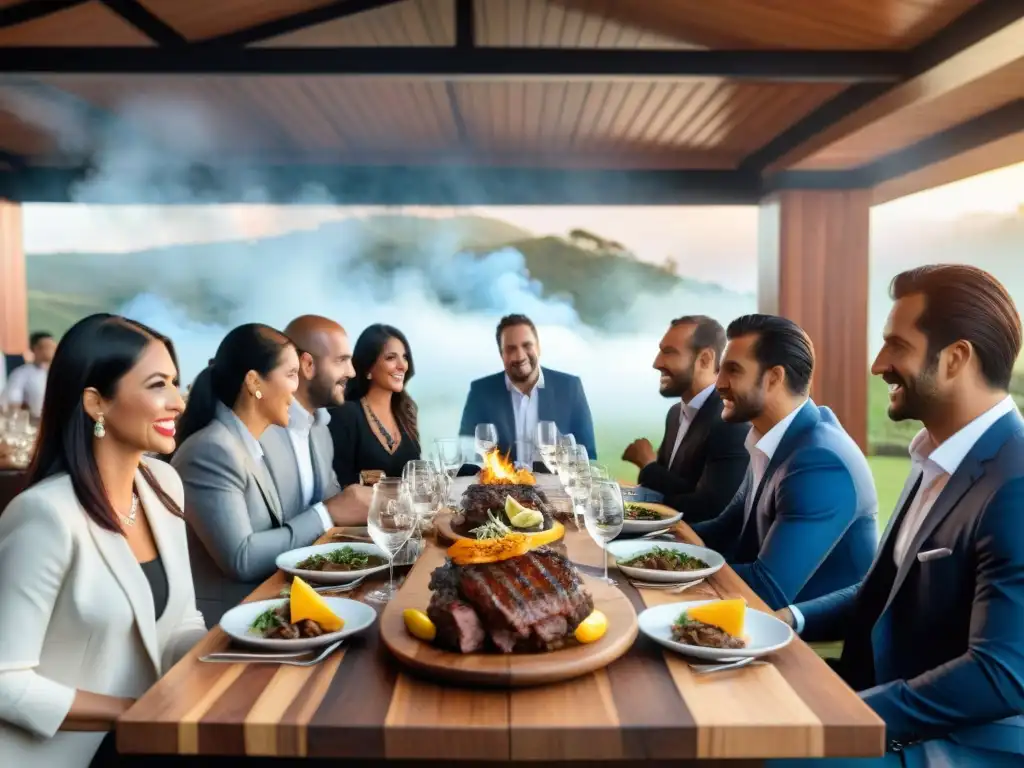 Escena elegante de evento corporativo con asado uruguayo, estrategias de éxito asado uruguayo