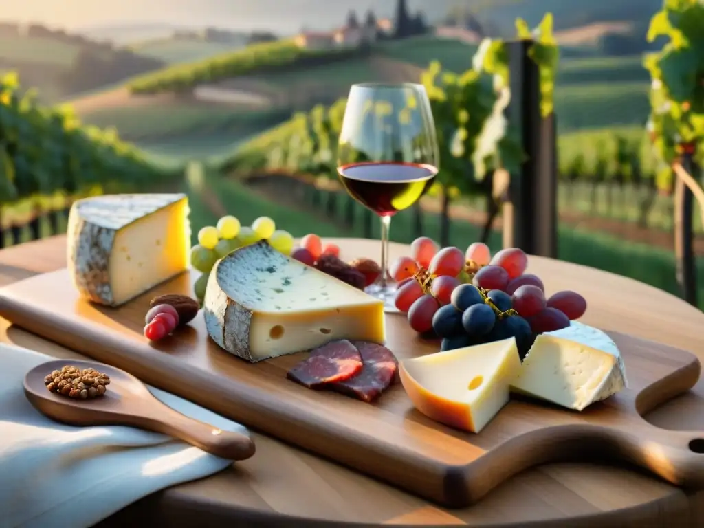 Escena elegante de mesa con vino, queso y tabla de embutidos en viñedo al atardecer