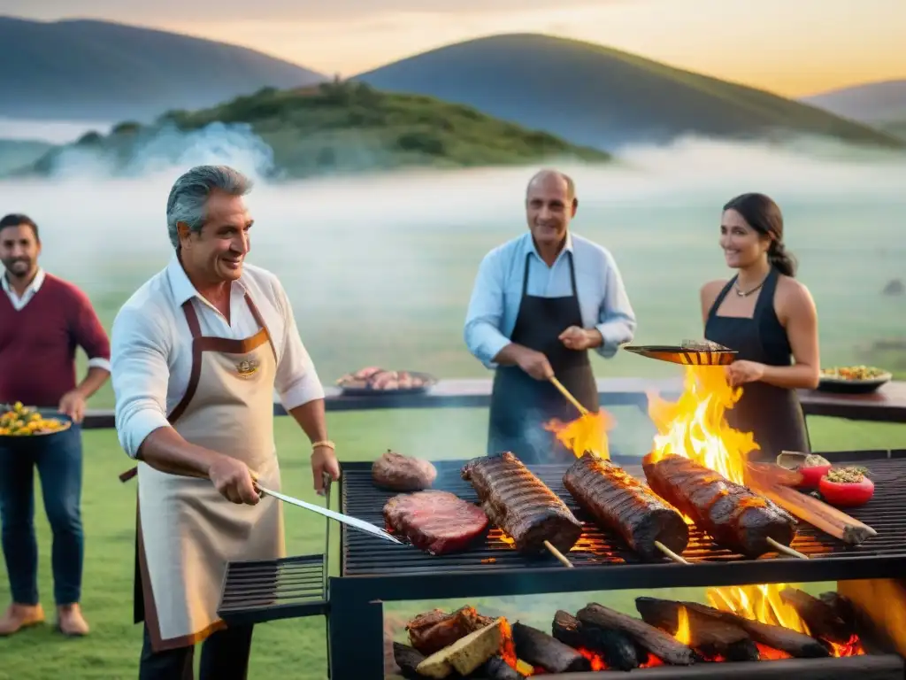 Una escena de un emblemático evento de asado uruguayo en el campo, con personas alrededor de una parrilla gigante