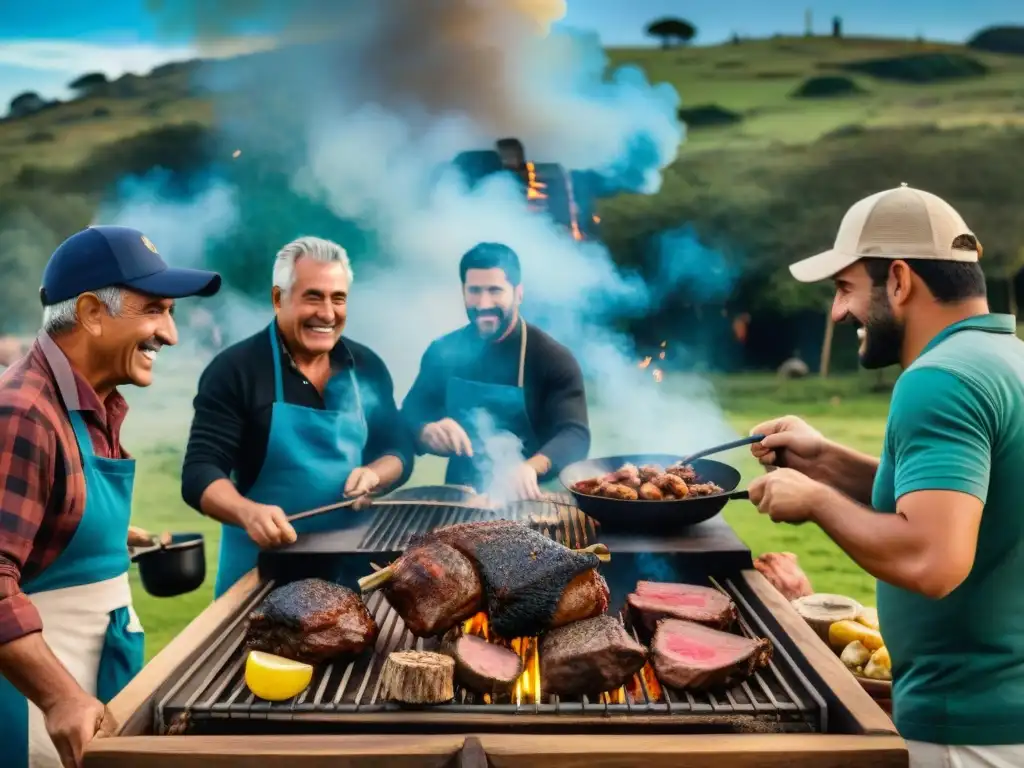 Una escena emocionante de amigos y familia disfrutando de un asado al aire libre en Uruguay