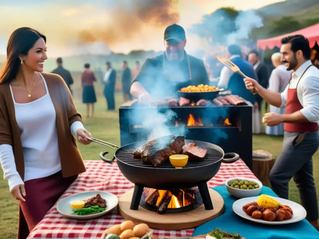 Una escena emocionante de un asado tradicional uruguayo en un entorno rústico al aire libre, rodeado de amigos y familiares disfrutando juntos