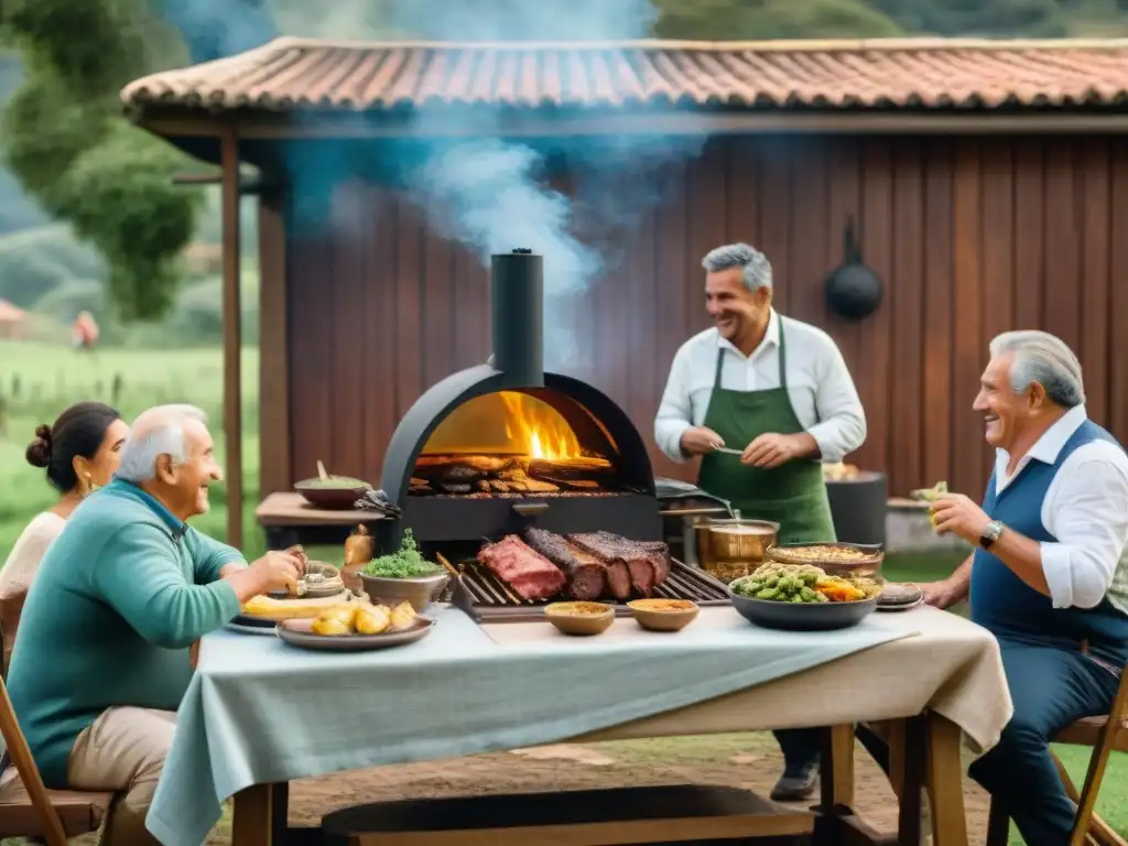 Escena emotiva de arte del asado uruguayo generaciones: familia disfrutando juntos un clásico asado en el campo