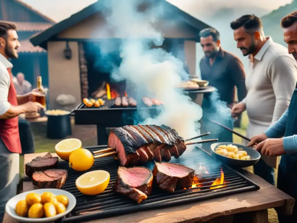 Una escena emotiva de un asado tradicional uruguayo al aire libre, con amigos y familiares compartiendo una comida deliciosa