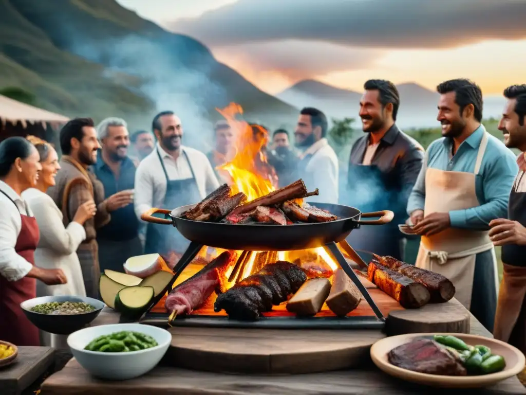 Una escena emotiva de un asado tradicional uruguayo, destacando la calidez y camaradería en torno a la comida