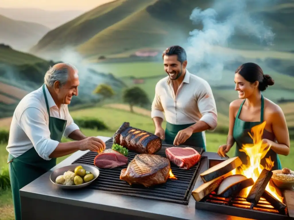 Una escena emotiva de tradición asado uruguayo generaciones en el campo al atardecer