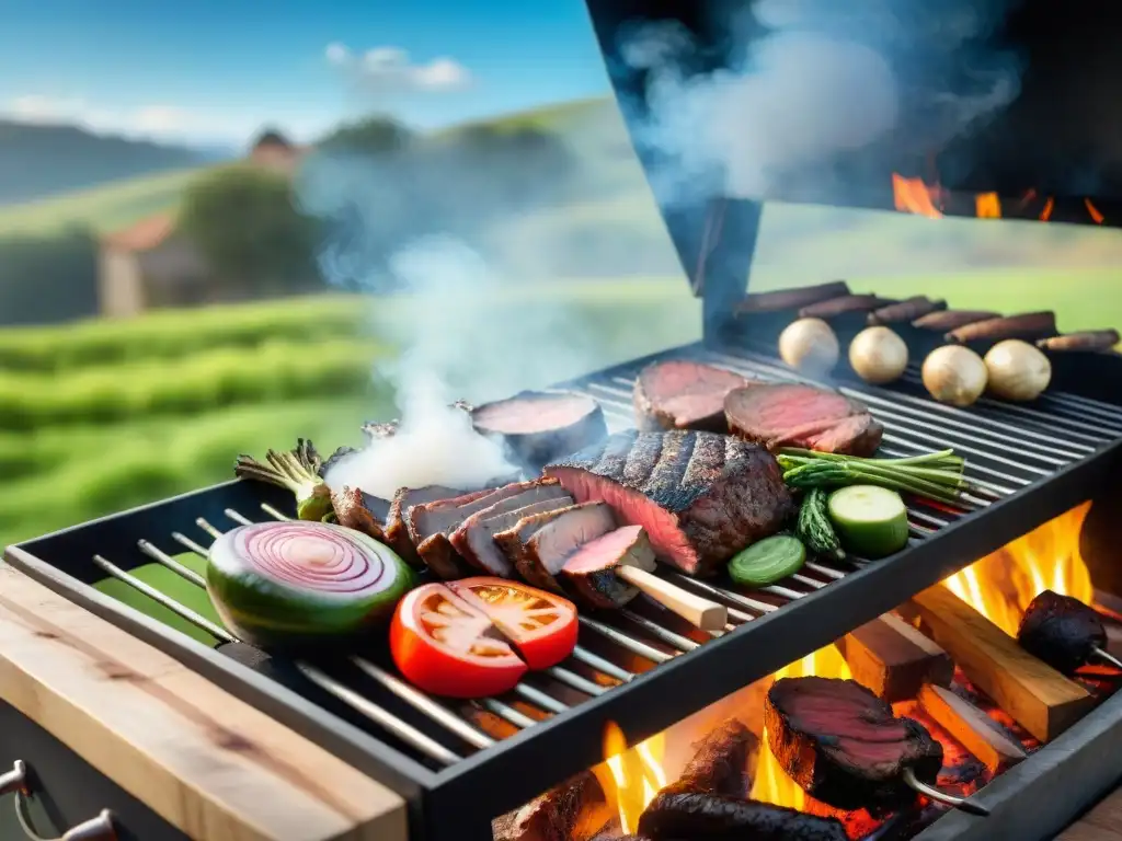 Una escena emotiva de un asado uruguayo tradicional en un entorno campestre, con certificación en asado uruguayo