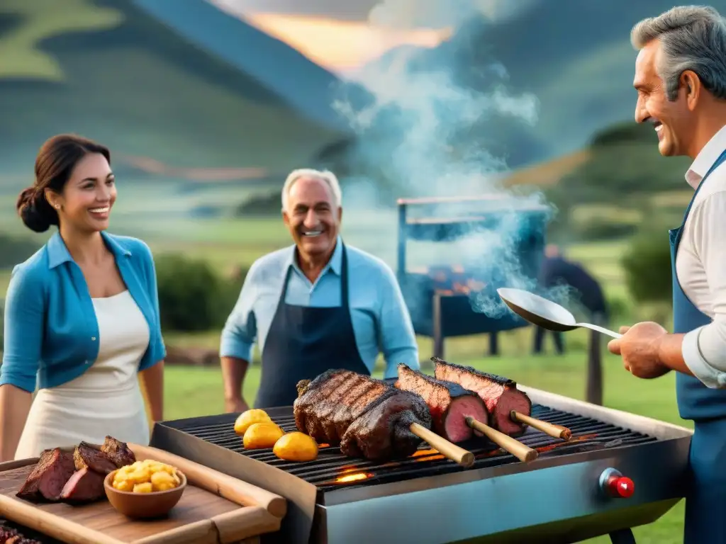 Una escena emotiva de la tradición del asado uruguayo: diversidad de personas disfrutando de una parrillada en el campo