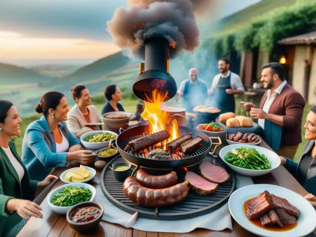 Una escena emotiva de un asado uruguayo tradicional en el campo, con amigos y familia disfrutando de la cadena suministro corta asado