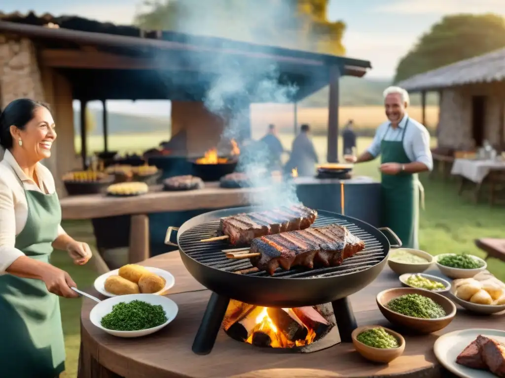 Una escena emotiva de un asado uruguayo tradicional en el campo, preservando la cultura asado uruguayo