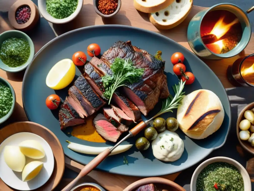 Escena emotiva del asado uruguayo: mesa rústica con cortes de carne, chimichurri, pan y vino