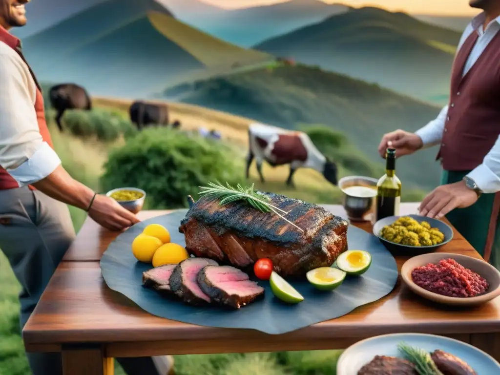 Una escena emotiva de la historia del asado uruguayo: grupo variado disfrutando un asado al atardecer en las colinas de las pampas