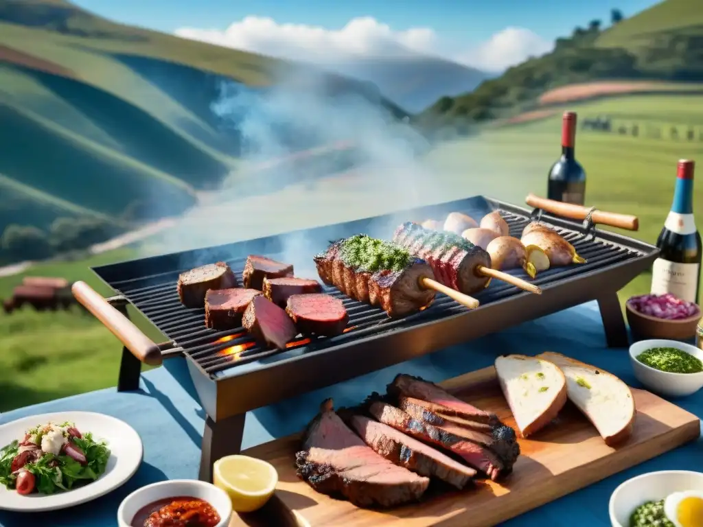 Una escena emotiva de un tradicional asado uruguayo con amigos y familia disfrutando la historia del asado en Uruguay