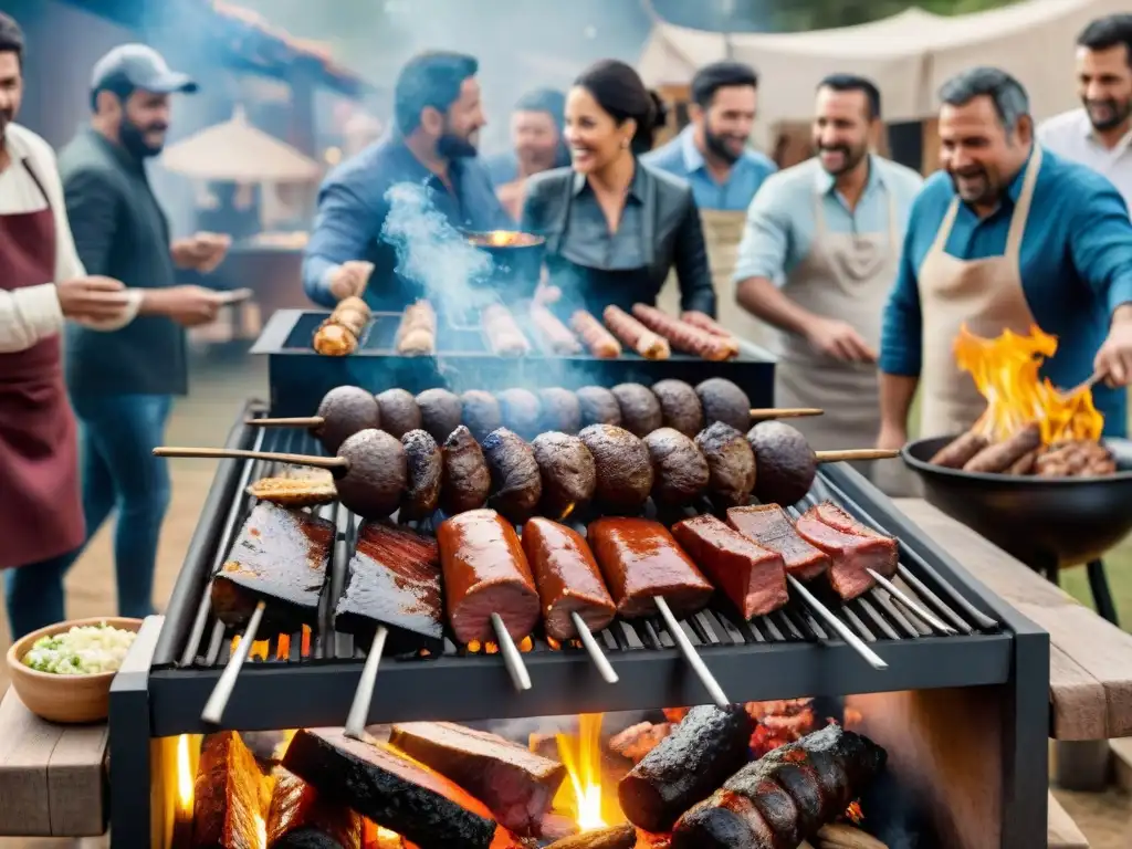 Una escena emotiva de un tradicional asado uruguayo al aire libre, resaltando la influencia del asado en Uruguay