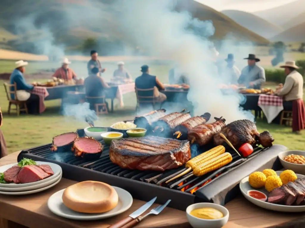 Una escena emotiva de un tradicional asado uruguayo en el campo, con amigos y familia disfrutando juntos