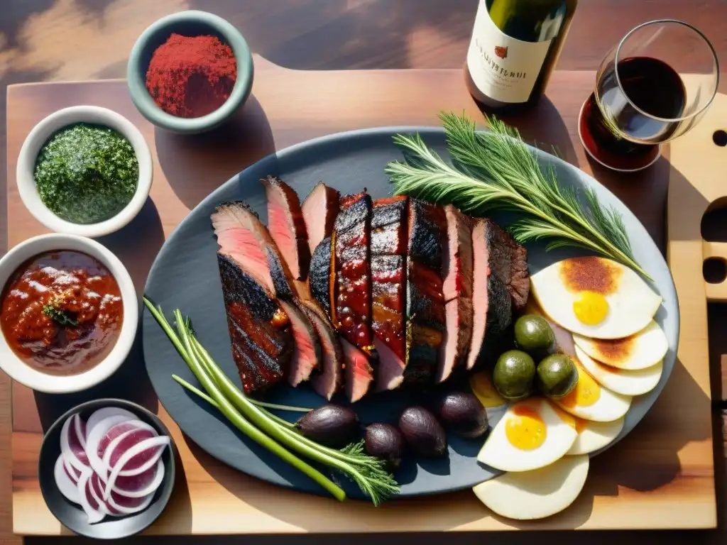 Una escena envolvente de un asado uruguayo tradicional en una mesa rústica de madera, evocando las cálidas tradiciones culinarias del Uruguay