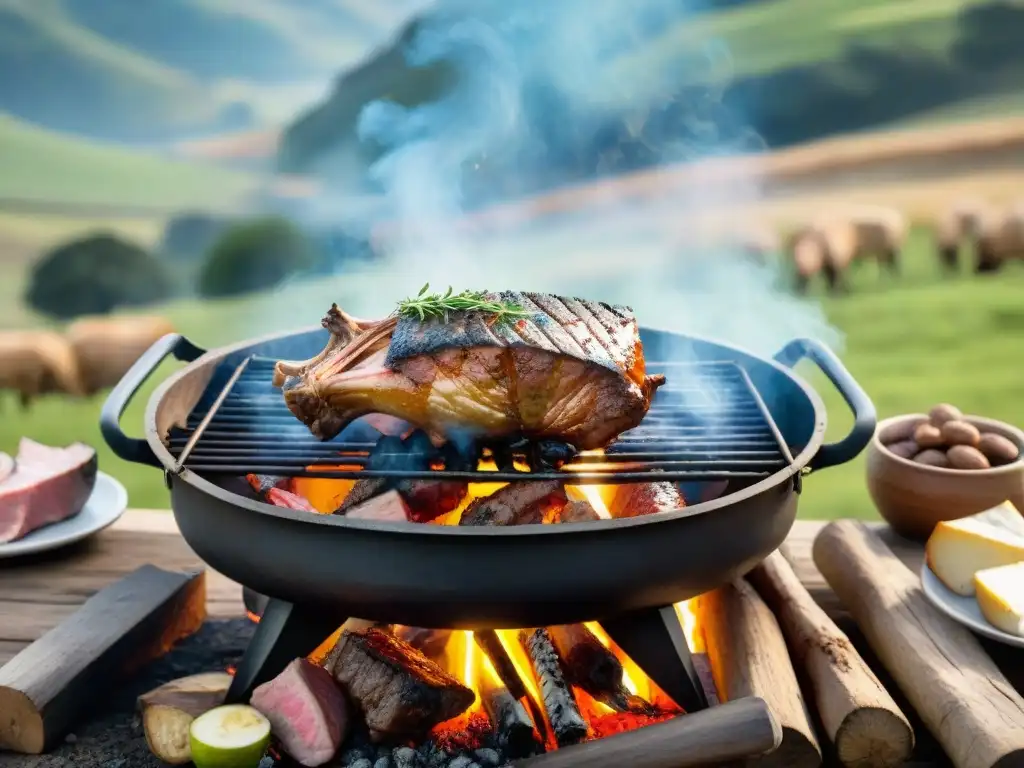 Una escena envolvente del asado uruguayo, con carne jugosa a la parrilla y gente disfrutando