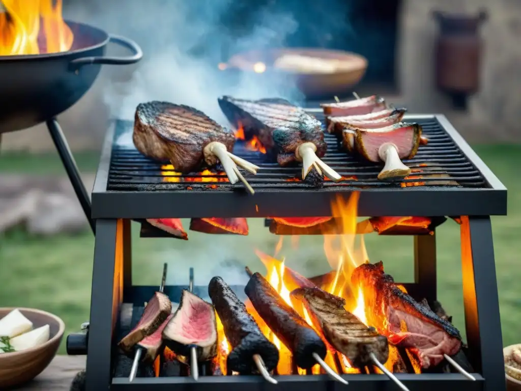 Una escena envolvente del asado uruguayo con cortes de carne sizzling en la parrilla, rodeada de sillas de cuero y mesa rústica