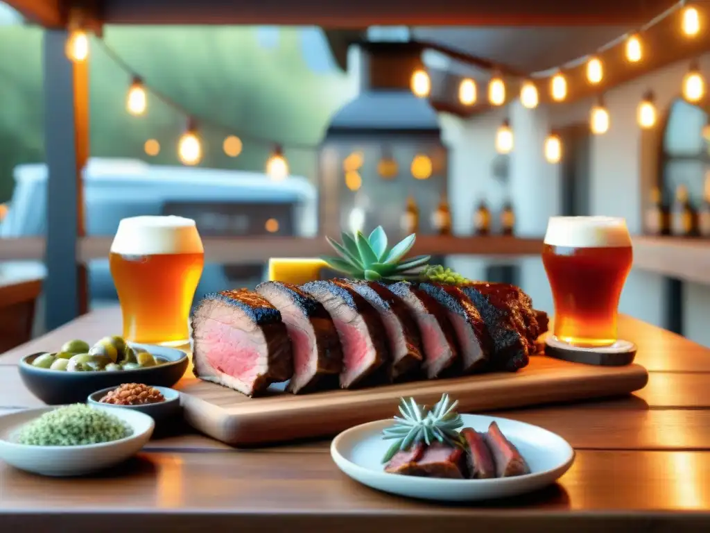 Una escena envolvente de maridaje asado cervezas artesanales Uruguay en un ambiente acogedor al aire libre al atardecer