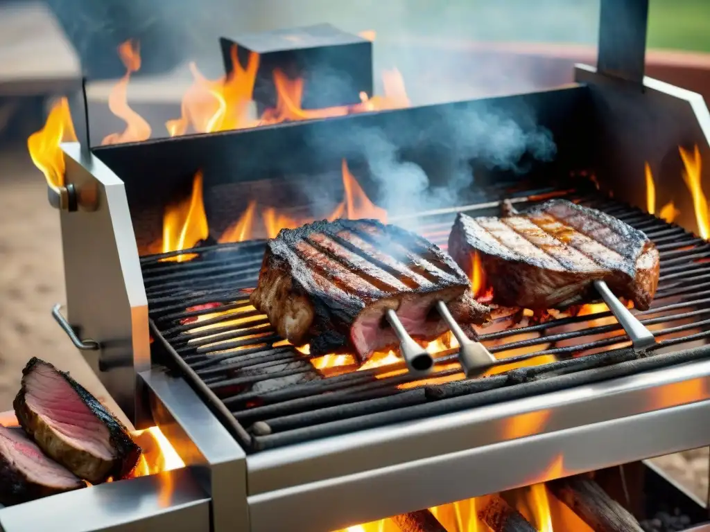 Escena envolvente de una parrilla premium para asado uruguayo: carnes jugosas y asador experto frente al fuego crepitante