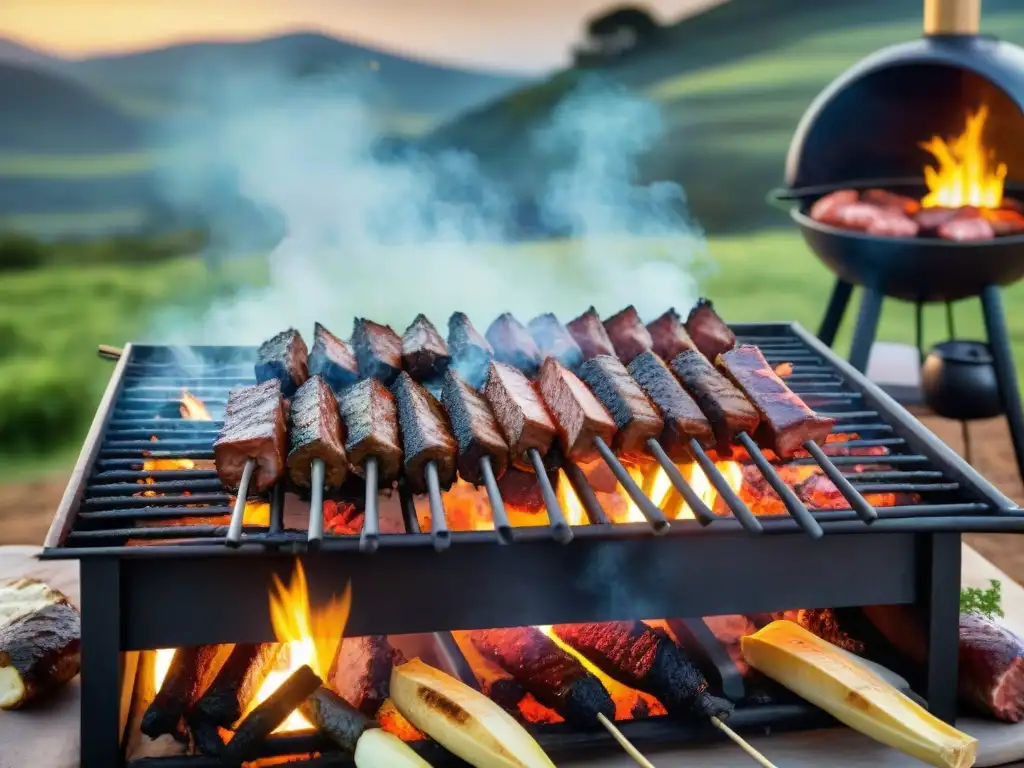 Una escena envolvente de un tradicional asado uruguayo, rodeado de amigos y familiares, capturando la esencia de las mejores parrillas uruguayas asado gastronomía