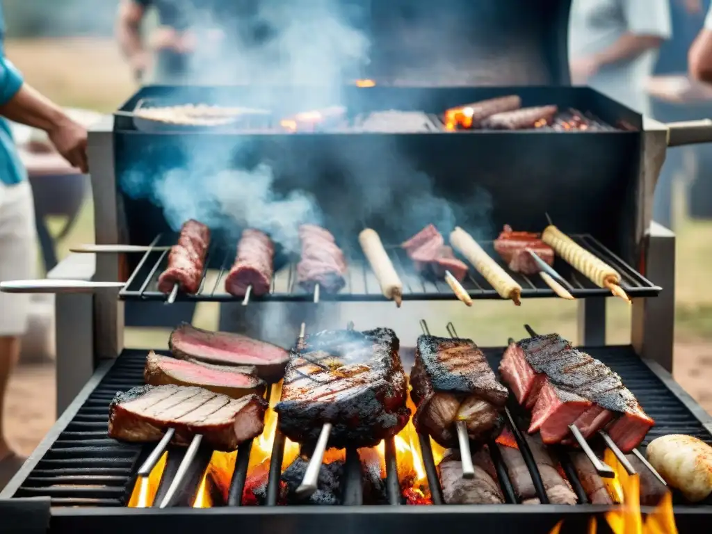 Una escena envolvente de una tradicional parrillada uruguaya con carnes asándose sobre brasas calientes