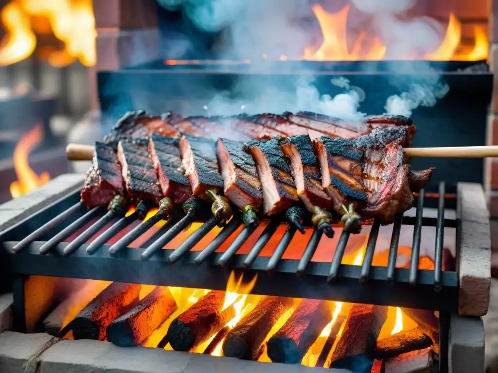 Una escena épica de asado uruguayo con técnicas de asado a temperatura perfecta, gauchos y carne suculenta a la parrilla