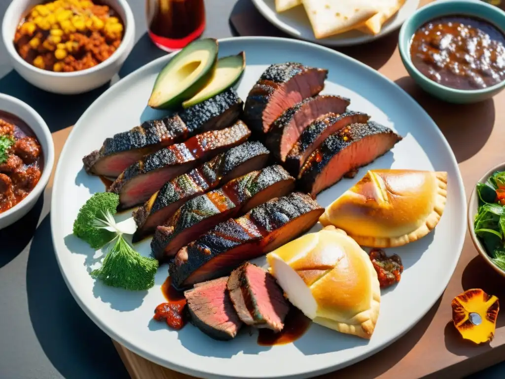 Una escena épica de un asado uruguayo con amigos y familia, con cortes de carne a la parrilla, chimichurri y vino Tannat al atardecer