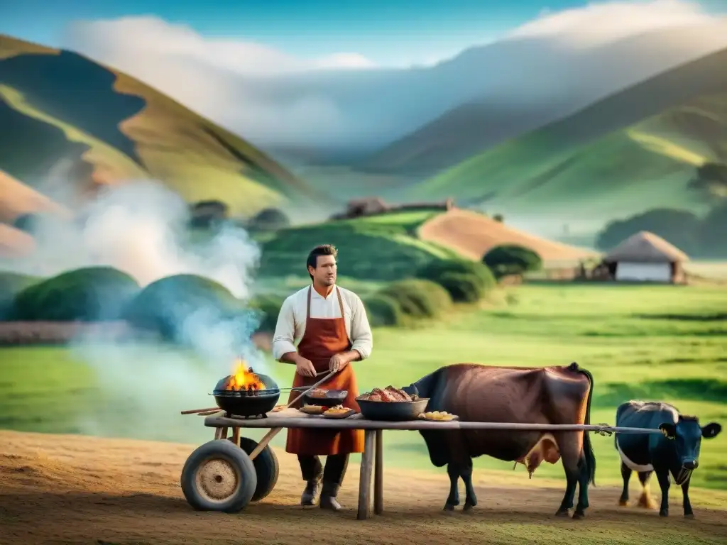 Escena de una estancia tradicional uruguaya con paisaje pintoresco, gauchos y parrilla