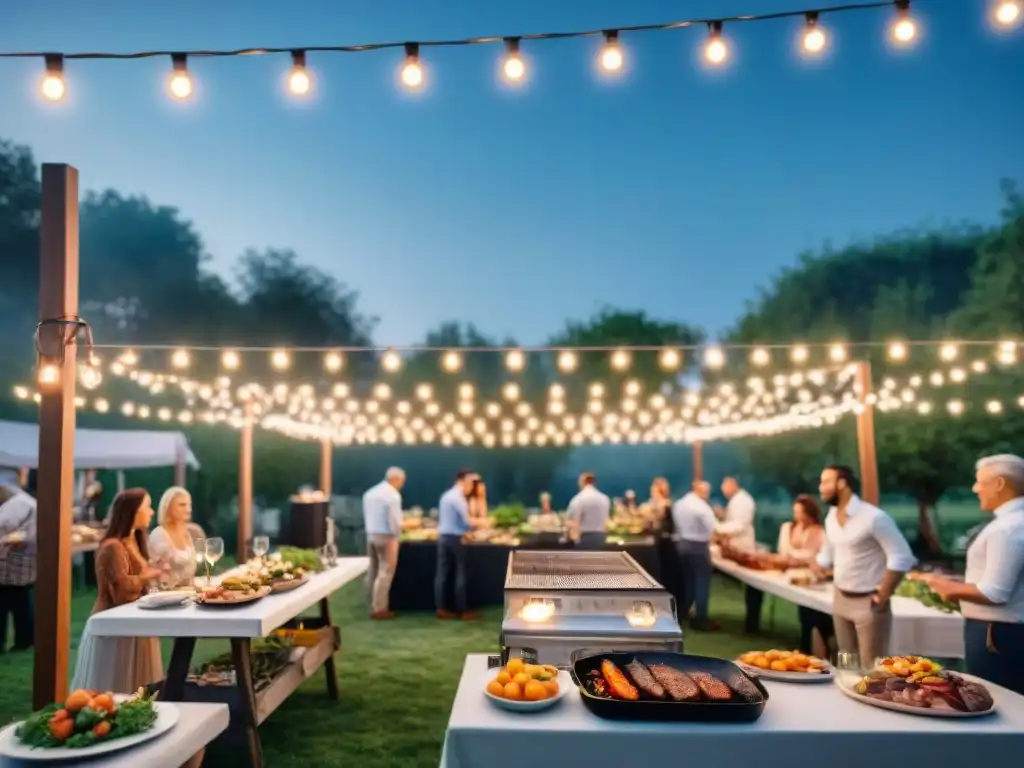 Escena de evento al aire libre con diversas técnicas de asado para eventos, invitados felices bajo las luces de la noche estrellada