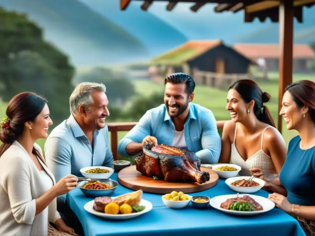 Una escena de evento de asado en Uruguay: amigos y familia disfrutando alrededor de una mesa repleta de carnes a la parrilla en el campo