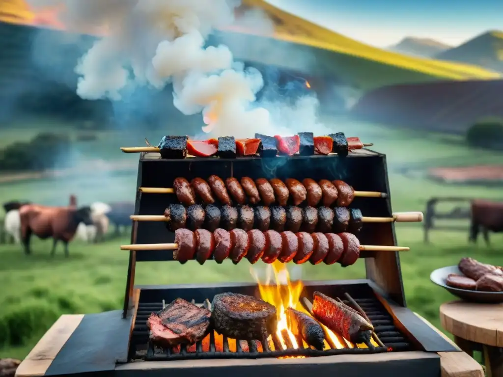 Una escena evocadora del asado uruguayo tradicional, con gauchos asando chorizos, morcillas y costillas sobre brasas ardientes en un entorno campestre