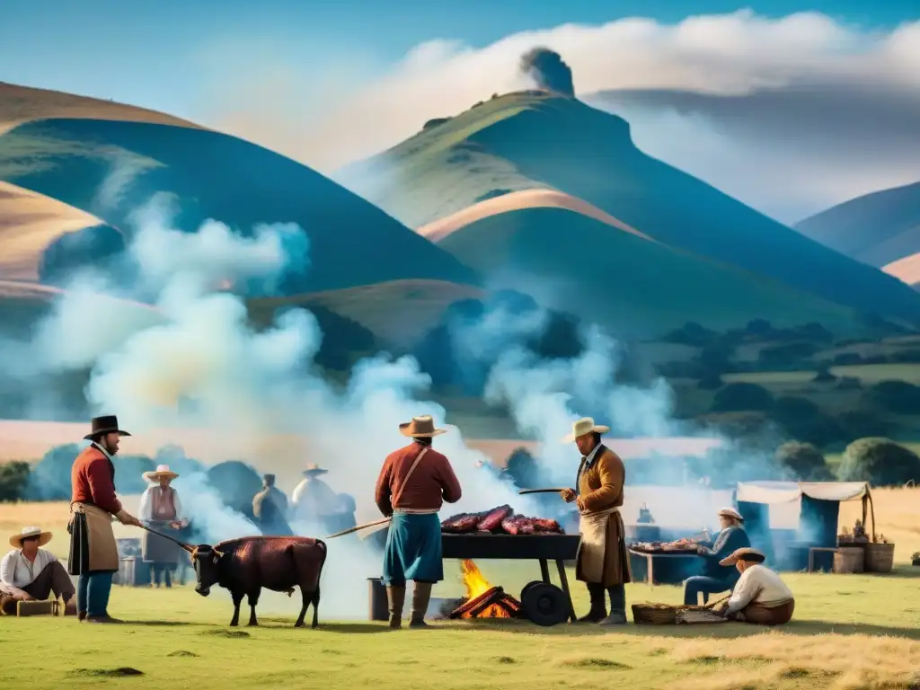 Una escena evocadora del asado uruguayo tradicional, con gauchos asando carne al aire libre en el campo, mostrando la evolución de la gastronomía