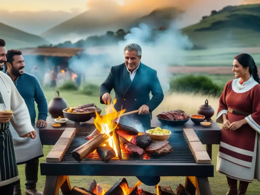 Una escena evocadora de la evolución histórica del asado uruguayo: amigos y familia disfrutando de una tradicional ceremonia al aire libre en el campo