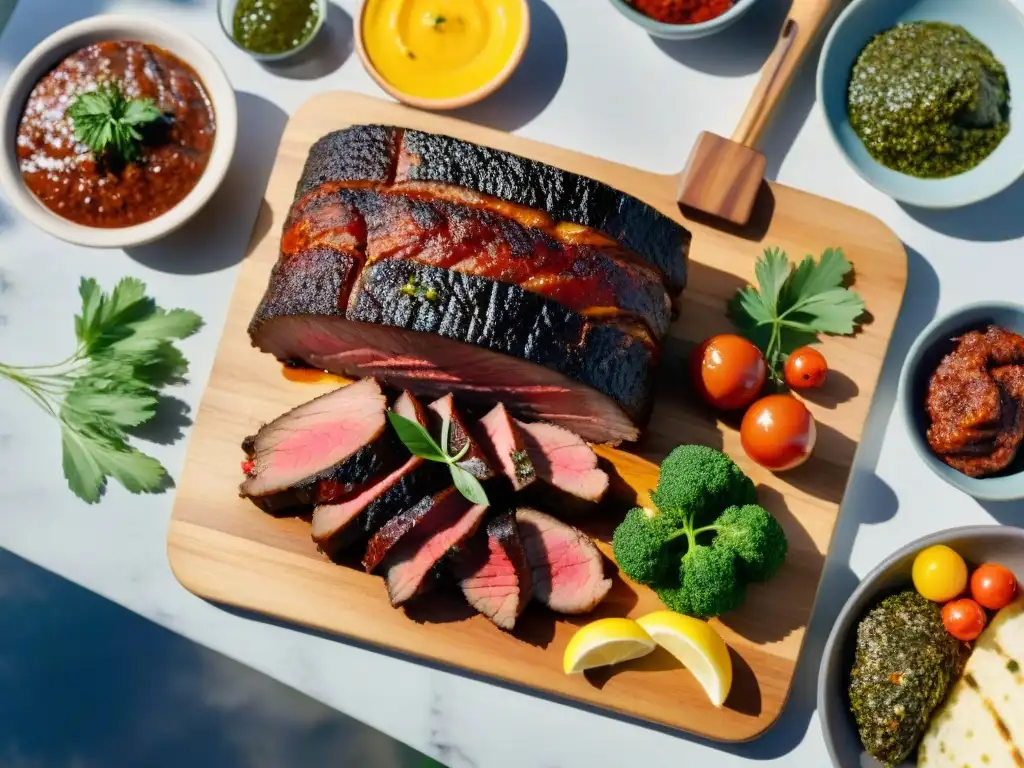 Una escena evocadora de la evolución del asado uruguayo: un festín tradicional con carnes a la parrilla, vegetales y vino Tannat, en un entorno campestre al atardecer