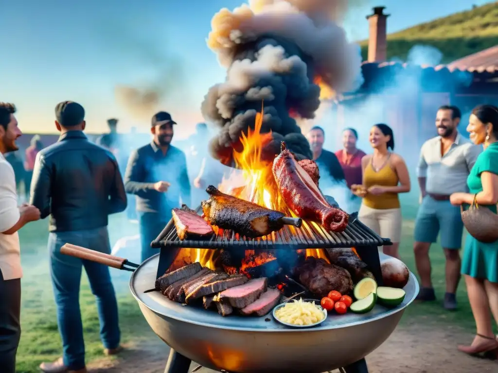 Una escena evocadora del asado uruguayo en un entorno rural, resaltando la historia y evolución de esta tradición culinaria