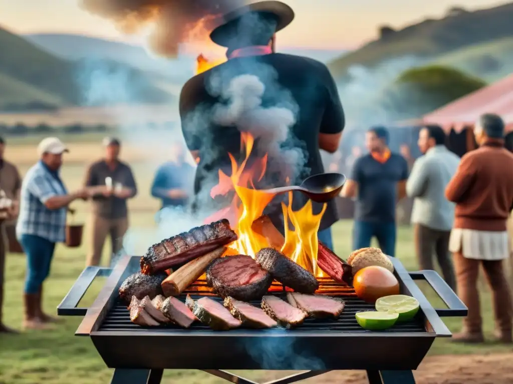 Una escena evocadora de la historia del asado uruguayo en el campo al atardecer