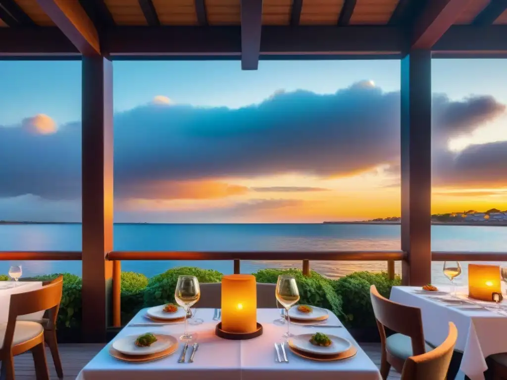 Una escena exclusiva de la tradición del asado uruguayo en un elegante restaurante frente al Río de la Plata al atardecer