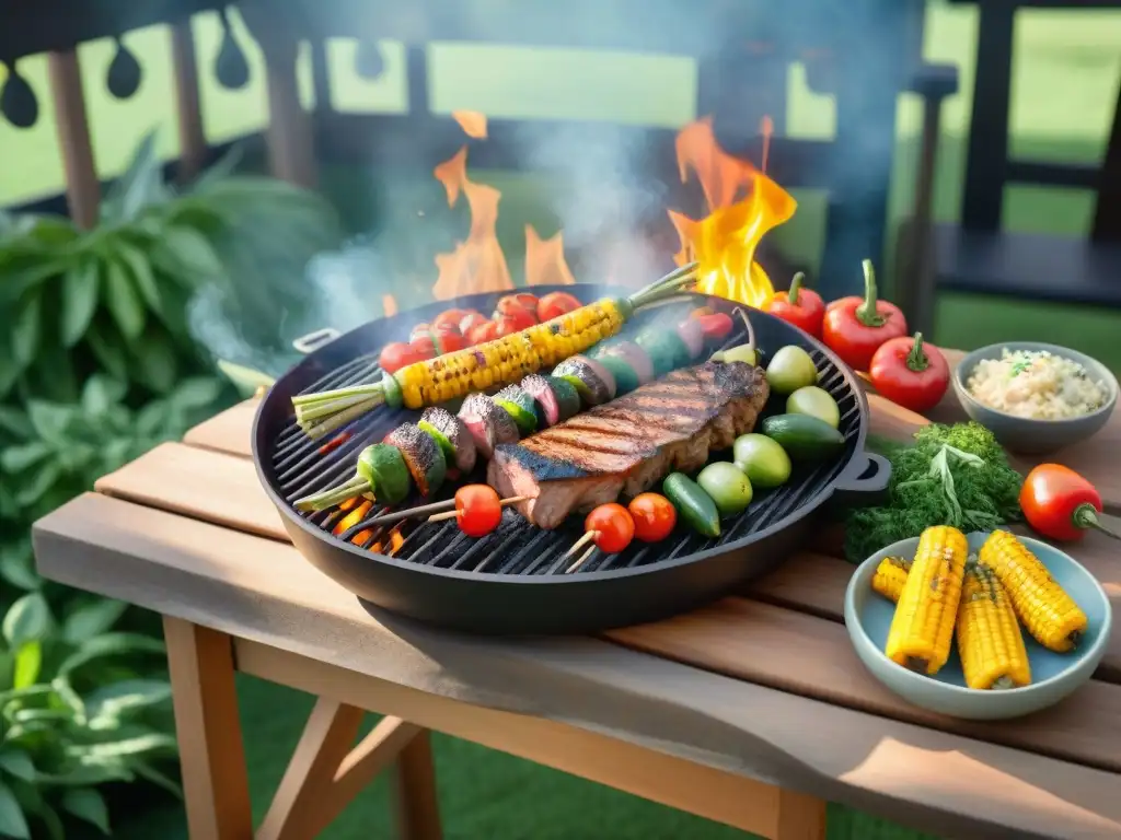 Una escena familiar alegre con un asado argentino en un patio vibrante