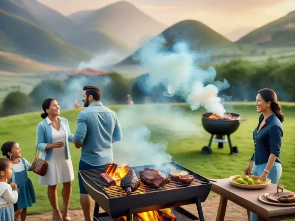 Una escena familiar de asado al aire libre en un paisaje pintoresco