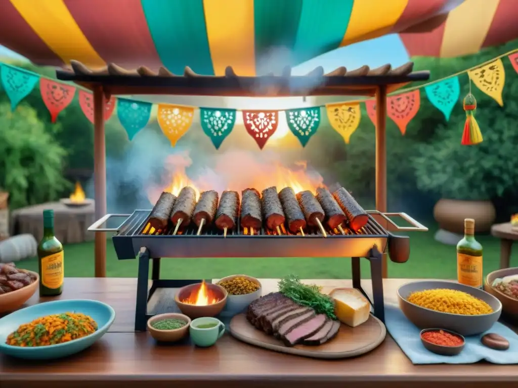 Una escena familiar en un asado argentino tradicional, con risas y charlas alrededor de la parrilla