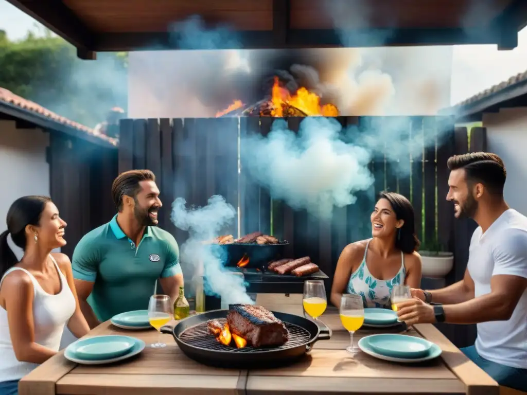 Escena familiar uruguaya: asado en mesa de madera rodeada de alegría y fútbol en TV vintage