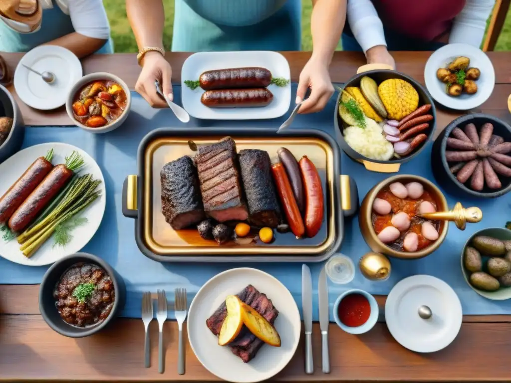 Una escena familiar de un asado uruguayo en una mesa rústica, con risas y calidez