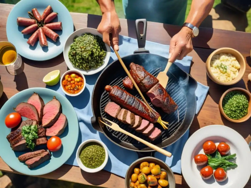 Una escena familiar de asado uruguayo con abuelos sonrientes