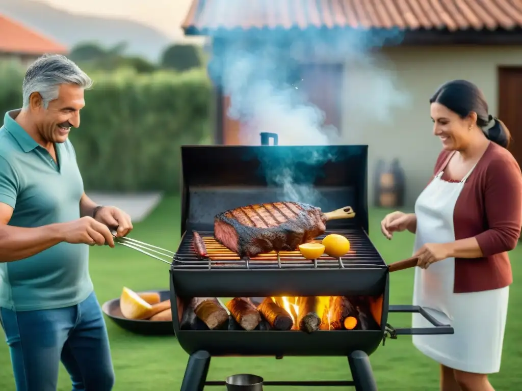 Una escena familiar de tradición asado uruguayo con varias generaciones compartiendo y cocinando juntas en el patio